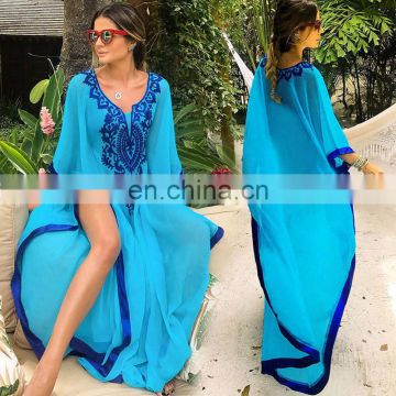 New Plus size Embroidery Chiffon Beach Cover up Long Beach Dress kaftan beach Pareo Ropa de Playa Mujer Womens Beachwear