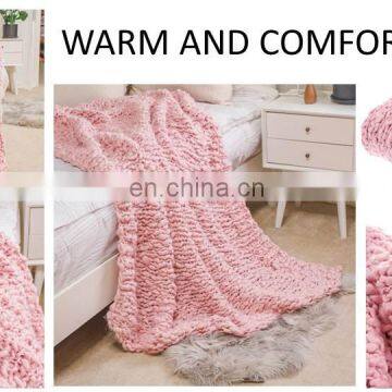 Heavy Cozy Premium Pink Chunky Handmade Knit Yarn Wool Blanket for Bedroom Deco