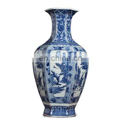 Blue and White Landscape Shang Ceramic Flower Floor Vase for Living Room Decoration