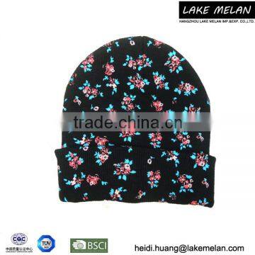 Best Seller Acrylic Knitted Hat With Flower Printed