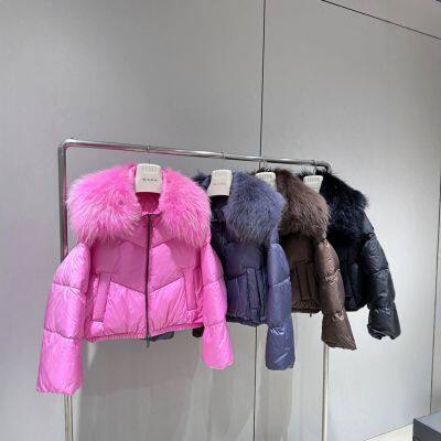 European station real fur big raccoon fur goose down jacket women's short down jacket horseshoe sleeves thick women's jacket