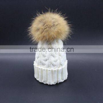 Hot Popular Real Raccon Fur Pompom Women Kintted Winter Wool Caps And Hats