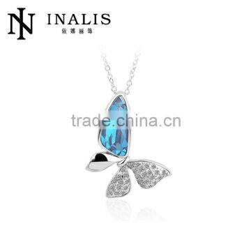 Hot sale big rhinestone costume jewelry, fashion butterfly pendant jewelry, real white gold costume necklace LKN18KRGPN280