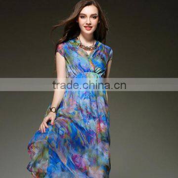 Top Silk Printed Fabric Lady's Long Dresses Casual Clothing Slim Party Dresses