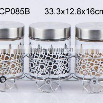 CP085C 3pcs glass jar set with metal casing and rack