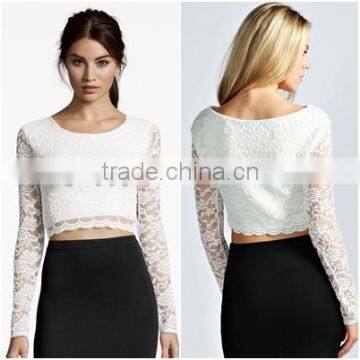 China wholesale high round neck ladies long sleeve lace crop top                        
                                                Quality Choice