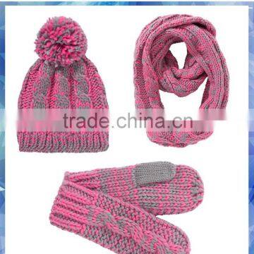 2014 hot sell cable knitted gloves scarf hat set for women