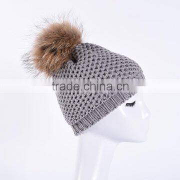 Girls Fashion Knit Hats With Big Fur Pompoms Grey Knitting Hat KZ160050
