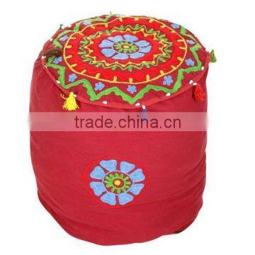 Red 17" Ottoman Pouf Hand Embroidered 17" Ottoman Pouf cover Home Decor Art Ethnic Suzani Pouf Cover Ottomans Indian