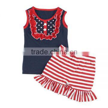 2016 new fashion design girls sleeveless T-shirt & ruffle shorts stripe cotton outfit Patriotic Day Newborn Baby Clothing