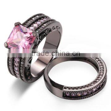 Big Pink Cubic Zirconia Stone Three Rows Channel Setting Wide Ring Sets For Wedding