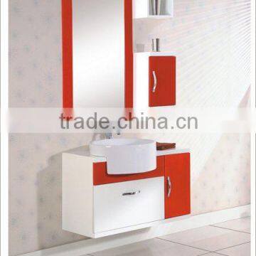 red and white wall-hung MDF bathroom cabinet