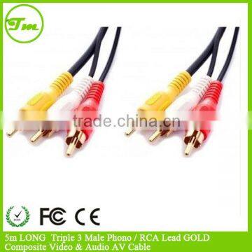 5m LONG Triple 3 Male Phono / RCA Lead GOLD Composite Video & Audio AV Cable