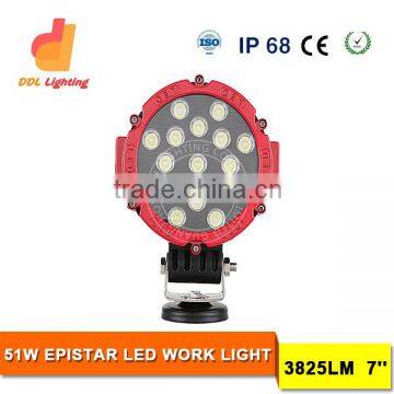 CE RoHS waterproof 7inch 51w red/black round shape auto led work light, offorad driving lights 12/24v