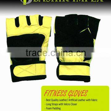 YELLOW FULL LEATHER FITNESS GLOVES, HIGH QUALITY LEATHER FITNESS GLOVES WITH PADDING WITH LONG STRAPS