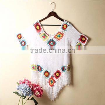 New design V-neck crochet sleeve bikini blouses, crochet tops