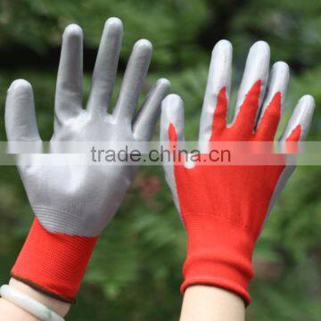 NMSAFETY 13 gauge red polyester liner coated grey nitrile work gloves