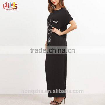 Black Graphic Print Maxi Tee Dress With Side Pocket Fashion Boho Vintage Maxi Long Dress HSd7071 photo-4