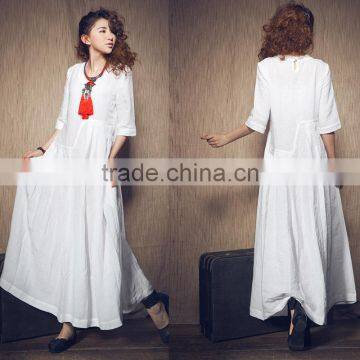 2017 Spring Latest White Kaftan Dress Women Maxi Linen Dresses HSD9943