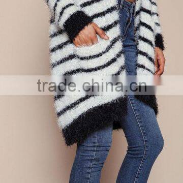 MGOO 2016 New Arrival Fuzzy White Striped Cardigan Women Knit Tops Cashmere Sweaters Women Clothing photo-3