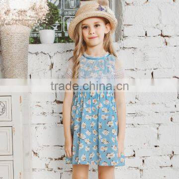 S60729B 2017 Printed Lace Neckline Children Floral Sleeveness Dress photo-3