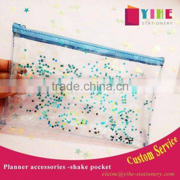 Planner internal pocket custom pvc shaker pocket with zipper top transparent pocket with sequins