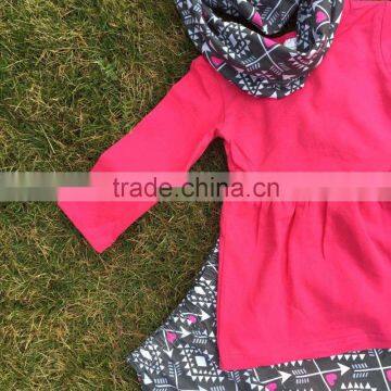 New Arrival Hot Pink Top Aztec Pants With Scarf 3 Pieces Set Girls Children Set Baby Kids Wear Baby Suit Boutique Set photo-2
