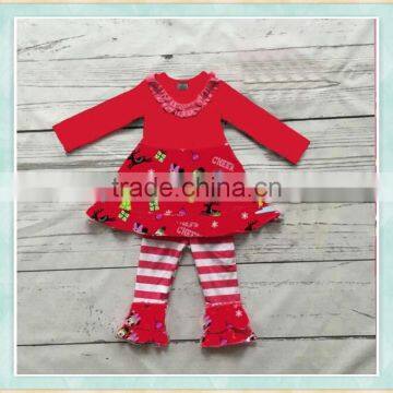 2017 Christmas kids clothes red top with pocket match strip ruffle pant boutique children clothing