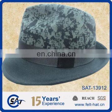 high quality printed pure wool felt trilby hat for wholesale