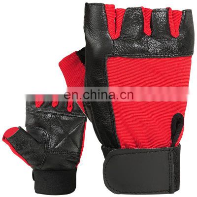 Fingerless Premium Leather Strengthen Training Bodybuilding Weight Lifting Gloves with Wrist Support