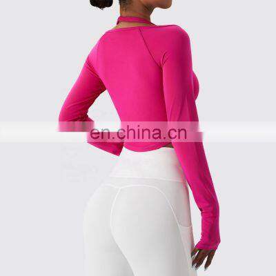 Sexy Halter Neck Long Sleeve Sports T Shirt Women Custom Logo Sports U Hem Skinny Thumb Hole Tops
