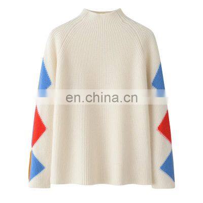 High End 100% Cashmere Pullover for Women Wholesale Casual Winter Sweater with Geometric Rib round Neck Design\