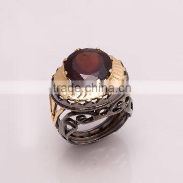 925 SOLID STERLING FINE SILVER GARNET RING BLACK & GOLD RHODIUM