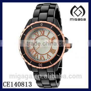 Fashion LADIES BLACK CERAMIC 39MM ALLOY CASE WATCHES*PINK GOLD PLATING BEZEL CERAMIC WATCH FOR LADIES