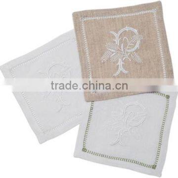 Embroidered cocktail linen napkins white natural