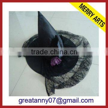 2014 Hot design Popular Promotion festival Black Halloween Hat With Gauze element