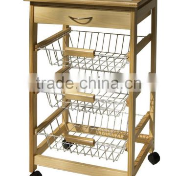 Foldable Kitchen food cart bamboo kitchen trolley with basket and drawer