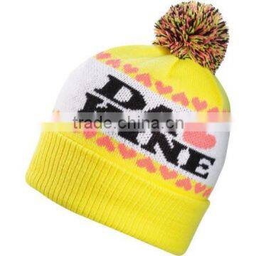 Pom Pom OEM Jacquard Pattern Beanie Hats Wholesale,Custom Knit Acrylic Beanie