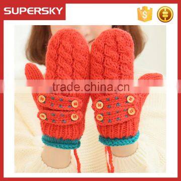 V-407 cute winter handmade knit cable pattern women mitten gloves with button knit hand warmer mitten knit handmade arm warmer