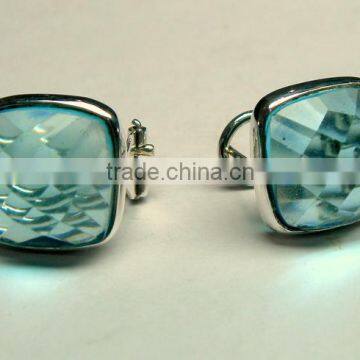 Blue Topaz Hydro Cushion Facet Stud Earrings, 925 Solid Sterling Silver Earrings, Designer Stud Earrings