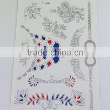 2015 new design 3D Metallic flash temporary tattoo temporary gold foil silver tattoo mixed color with wing