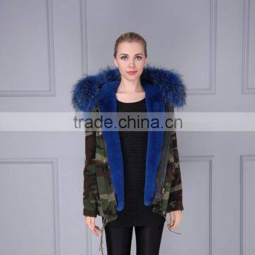 Fashion parka style winter women camouflage coat with raccoon fur hood trim