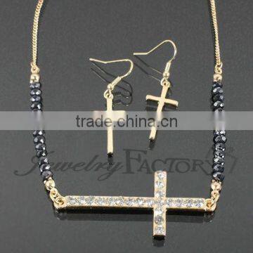 Rhinestone Cross & Beads Necklace Set jewelry