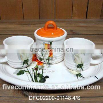 chinese ink decal ceramic coffee cups and sugar pot set with a oval tray