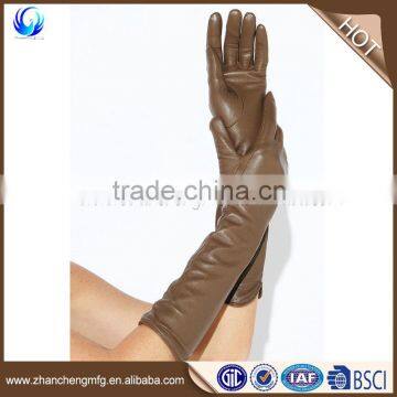 Plain style fancy wool lined light brown long sheepskin leather gloves