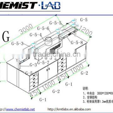 Heavy Duty Steel Central Lab Work Bench With Reagent Shelf & Metal Extraction Hood in Industrial Laboratory