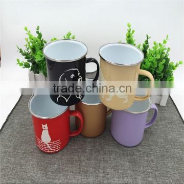 LOGO Customized 350ml/450ml enamel mug with colorful rim and handle wholesale.