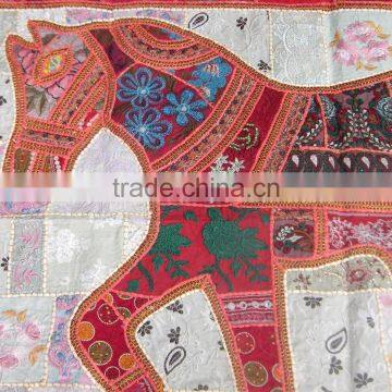 Indian Old Fabric Wall Decor With Horse Figure - Handworked Cotton Fabric Patchwork Wall Hanging Tapestry photo-3