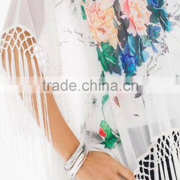 Women's Sheer Print Chiffon Tassels Poncho Tops photo-2