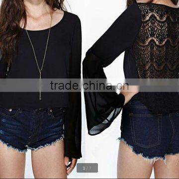 wholesale Ladies Sexy Fashion Embroidery Lace back Long Sleeve chiffon top Blouse